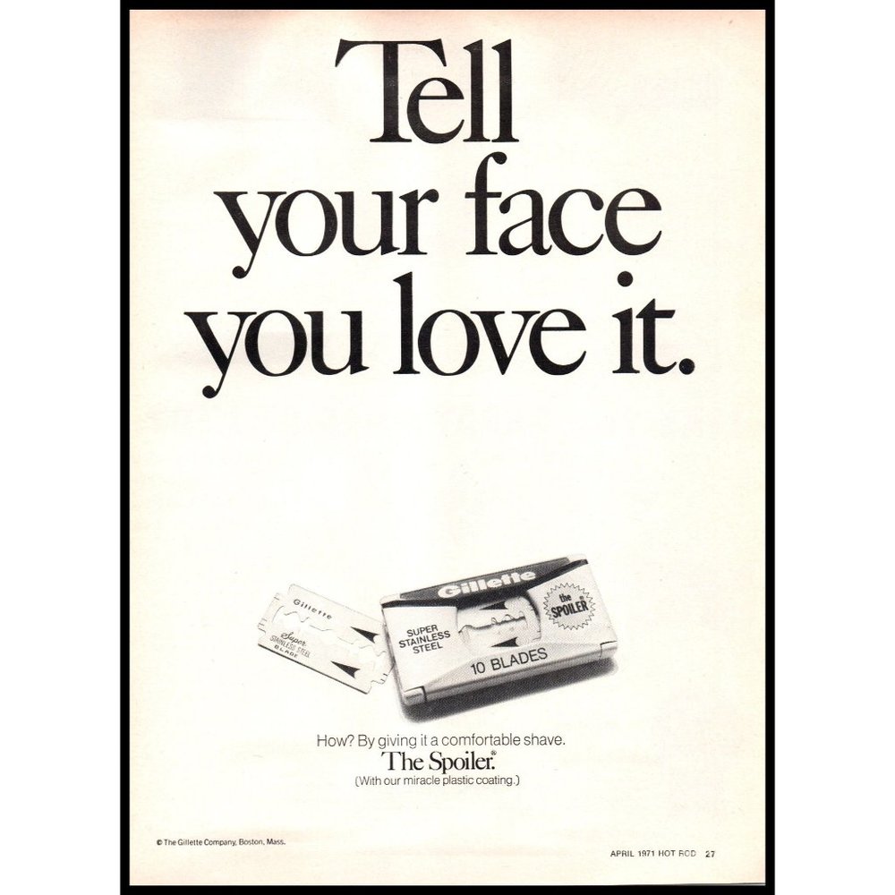 1971 Gillette The Spoiler Safety Razor Blade Vintage Print Ad Barber Wall Art
